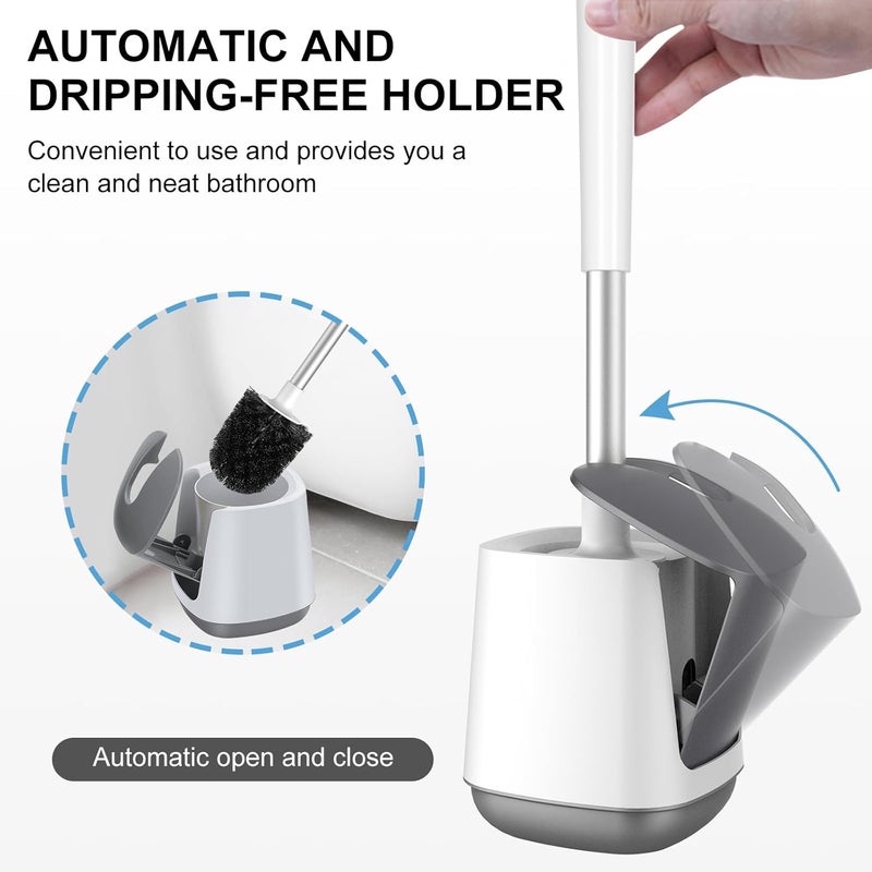 SetSail Toilet Brush and Holder 2 Pack, Self Closing Lid Toilet Bowl Brushes Holder and Extra Long Handle Ventilated Toilet Brush Set for Bathroom Cleaning, Nylon Bristles, White & Grey - Image 4